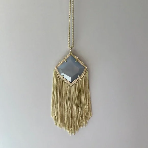 Kingston Gold Long Pendant Necklace In Slate Cats Eye - Picture 3 of 8